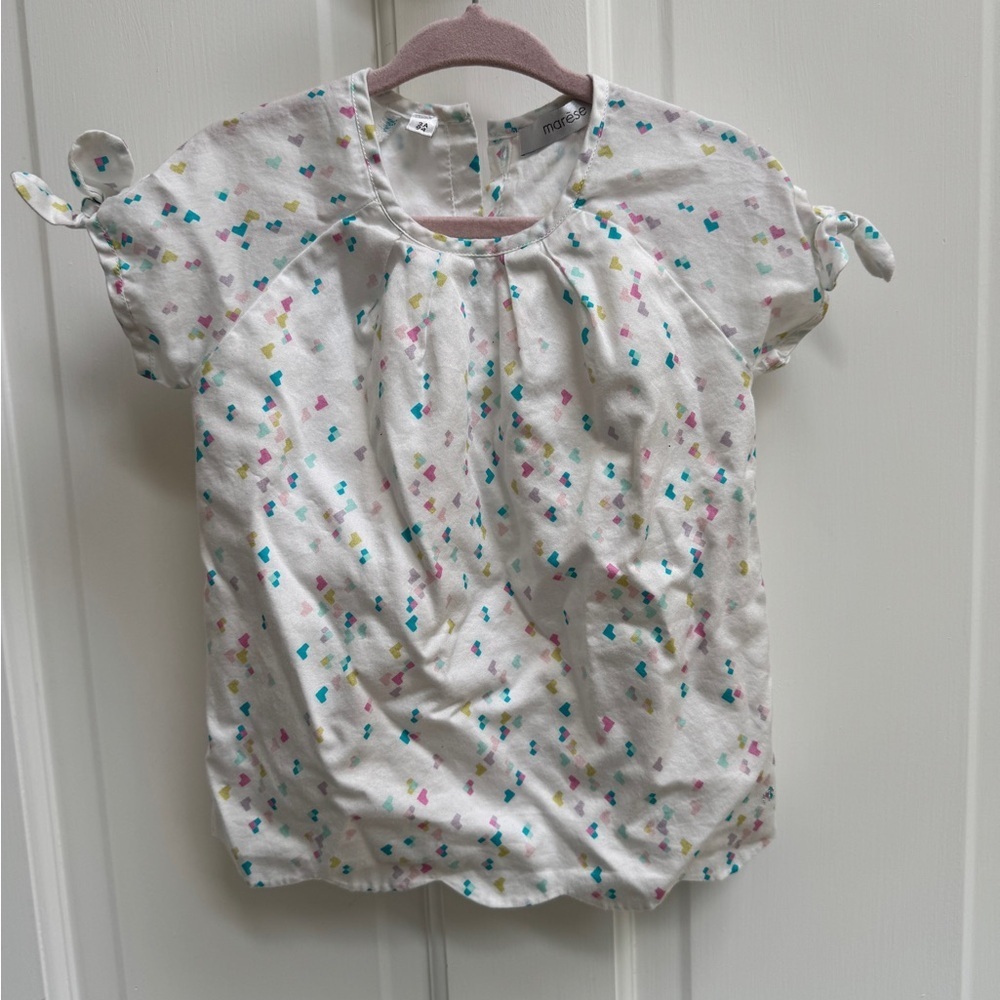 Marese 3t Girlswhite And Blue Heart Short Sleeve Blouse With Ruffle Sleeves
